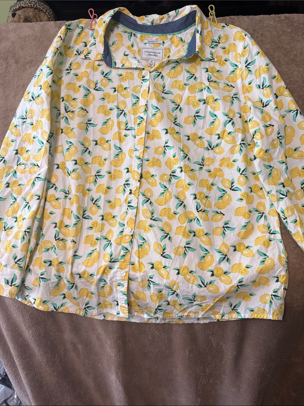 Charter Club White Button-Down Shirt with Yellow Lemon Print 100 percent cotton